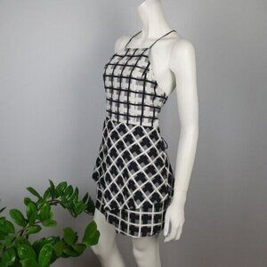 NWT NBD Women's Black & Silver Sleeveless Plaid Pattern Mini Dress Size Large